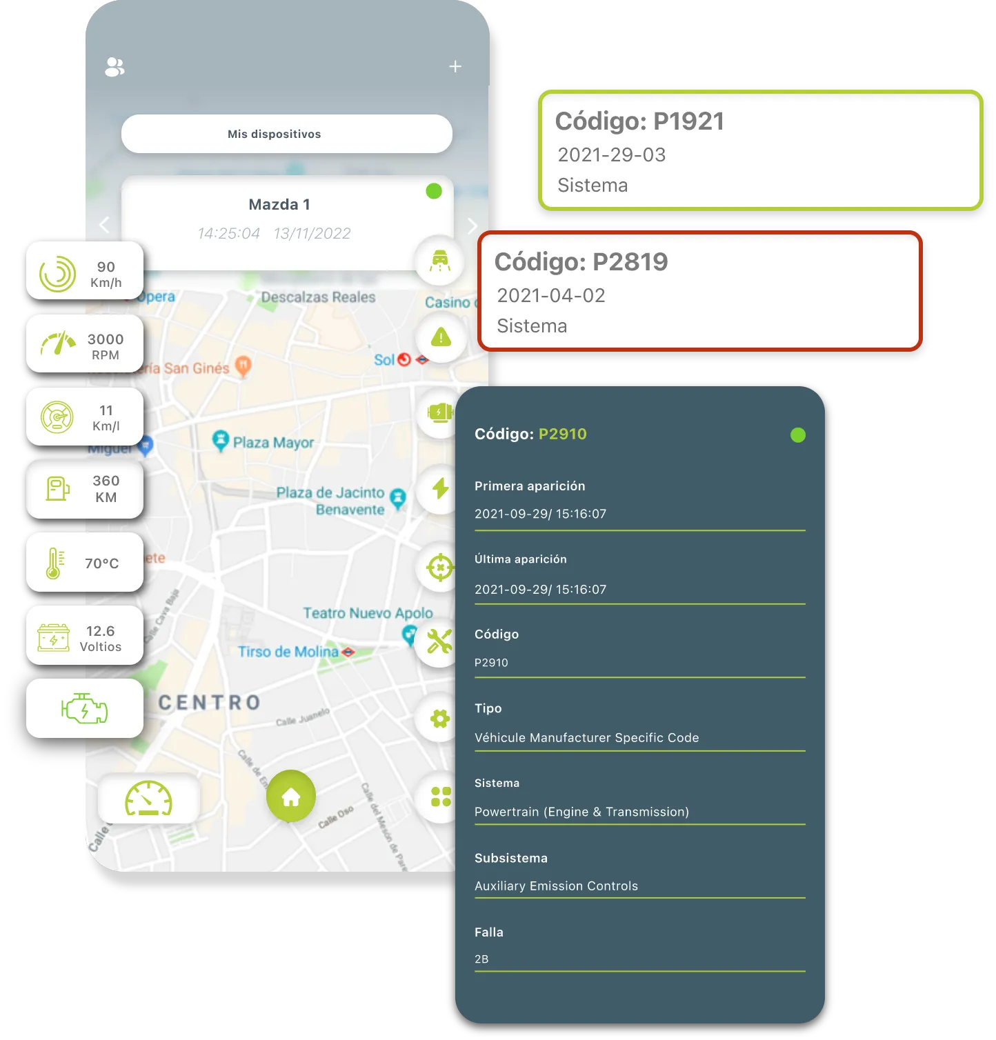 App de Indacar mostrando sensores del vehículo y el detalle de códigos de falla