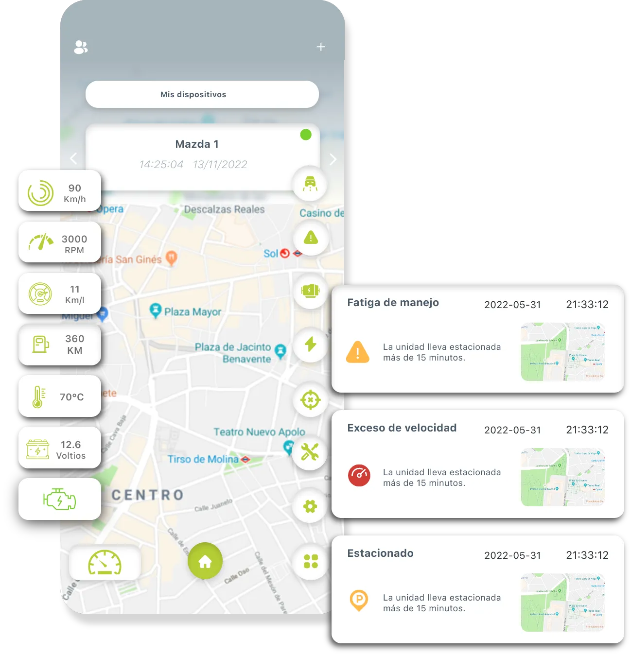 App de Indacar con el estado de la unidad y alertas de estacionamiento, encendido y fatiga de manejo